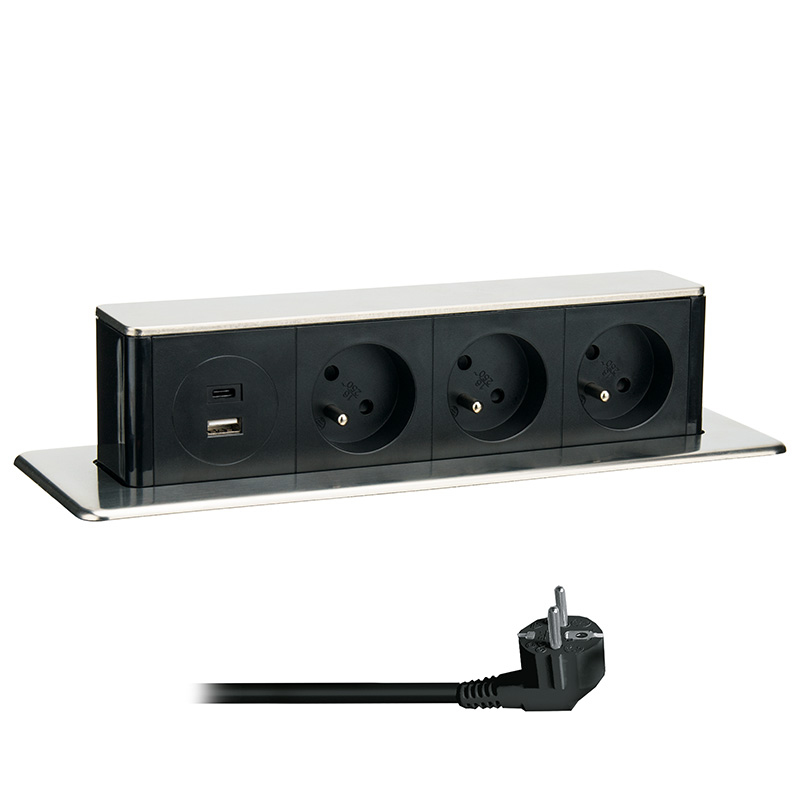 Elektro a osvetlenie - Solight 3z + USB A+C výsuvný blok zásuviek, 2m, nerez oceľ
