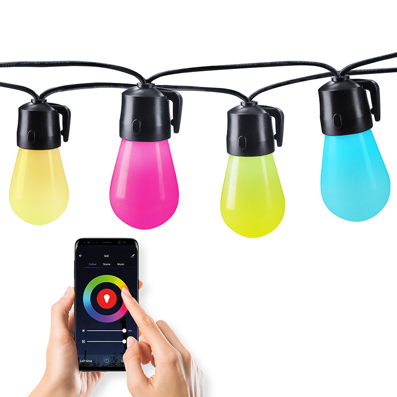 Elektro a osvetlenie - Solight LED smart vonkajšia reťaz s RGB žiarovkami, bluetooth, 15 žiaroviek, 14m+6m, 10W
