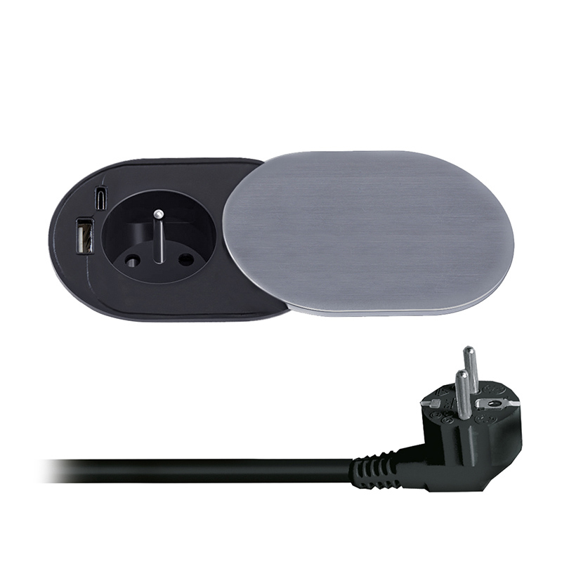 Elektro a osvetlenie - Solight 1z + USB A+C 20W PD vstavaná zásuvka s posuvným viečkom, 2m, strieborná