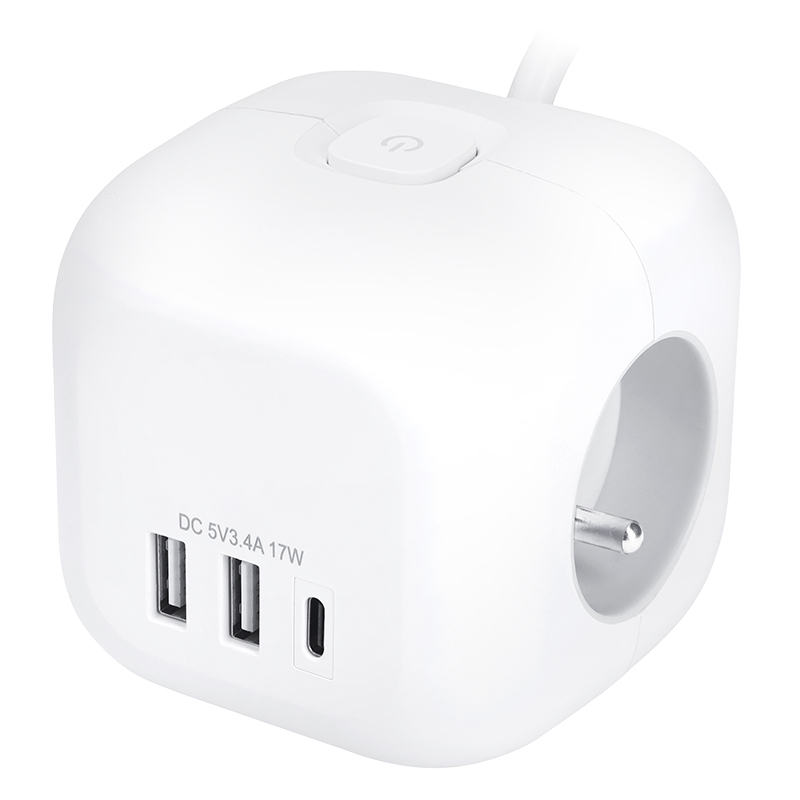 Elektro a osvetlenie - Solight 3z + USB A+C predlžovací prívod - kocka, 2m, 3 x 1mm2, biely, vypínač