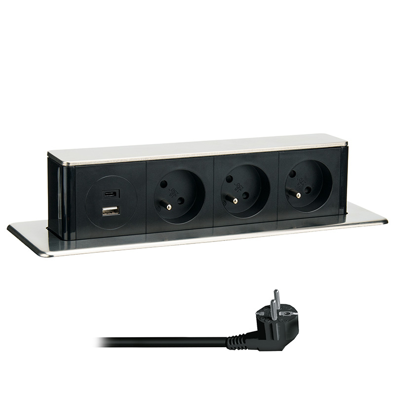 Elektro a osvetlenie - Solight 3z + USB A+C 20W PD výsuvný blok zásuviek, 2m, nerez oceľ