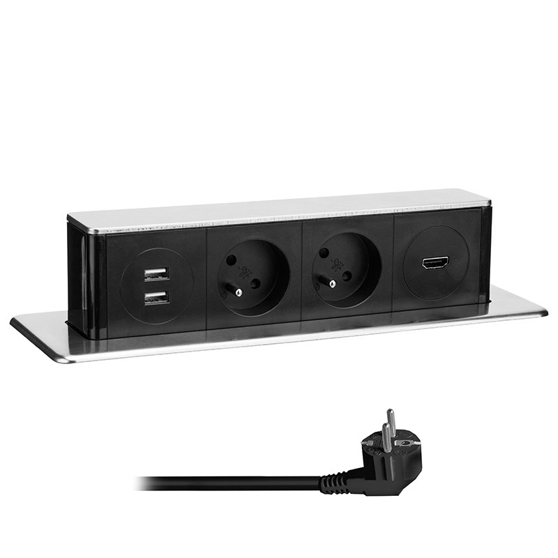 Elektro a osvetlenie - Solight USB výsuvný blok zásuviek, 2 zásuvky + HDMI + USB, nerez + plast, 3 x 1.5mm2, strieborný