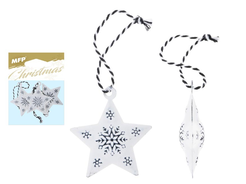 Kancelárske potreby - hviezda 3ks plech 4,5cm so závesom - biela s ornamentom 8885835