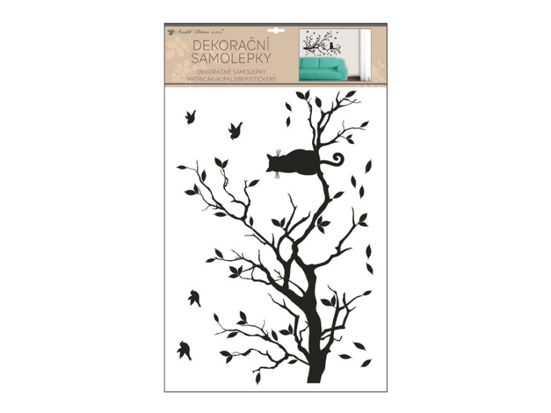 Kancelárske potreby - Samolepiaca dekorácia 15501 čierna konár s mačkou 42x60cm